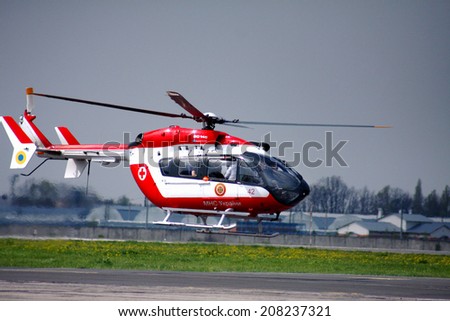 ODESSA, UKRAINE - April 29, 2010: Government Helicopter Rescue Service Board number 1 landed at the airport during disaster relief April 29, 2010 in Odessa, Ukraine.