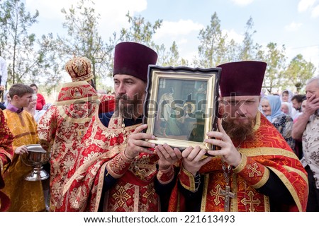 ODESSA, UKRAINE - SEPTEMBER 13: Celebration of the Orthodox Christian religious holiday icons of temple in village. Metropolitan of Odessa and Izmail Agafangel, September 13, 2014 in Odessa, Ukraine
