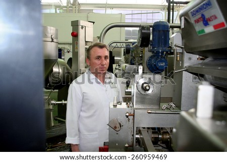 Odessa, Ukraine - July 7, 2007: The factory for the production of food from natural Ingredients. Food Convenience food. Production of dumplings, pancakes. Baking food products.
