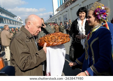 ODESSA, UKRAINE - 6 October 2010: Ship friendship Marschal Koshevoy with World War II veterans came to the sea port of Odessa. Honoring deserving war heroes