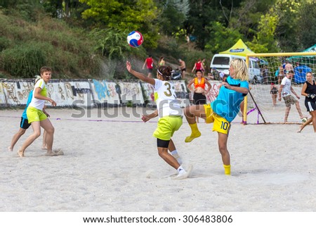 Odessa, Ukraine -15 August 2015: Championship of Ukraine on beach football among amateur women on the beach Langeron. Women\'s football. Football on the sand