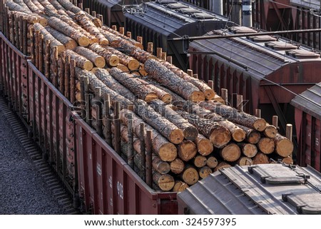 Odessa, Ukraine - 6 October 2015: Freight train on the branch railway terminal. Rail transportation. Freight. A train carrying wood, timber, lead ingots, billets metal. A train in motion