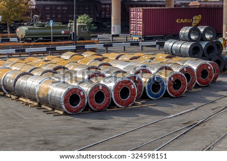 Odessa, Ukraine - 6 October 2015: cold rolled steel coils a metal strip accumulate in marine cargo port ready for shipment. Rolls, coil steel sheet rolled metal