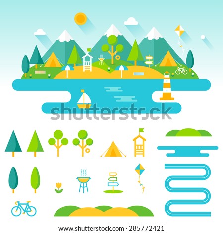 Lake, beach, woods and mountains summer landscape. Set of outdoor, camping and recreation elements to create custom designs