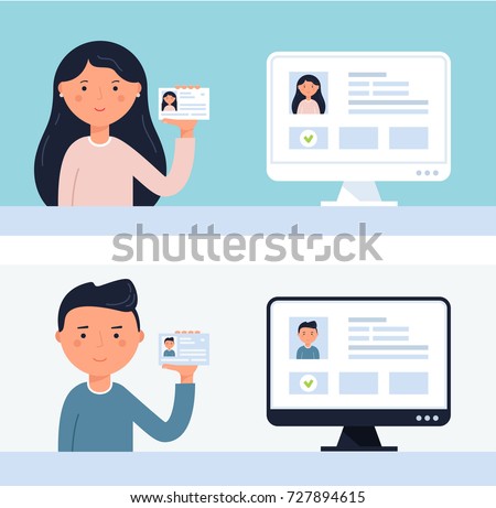 People Holding up ID Cards. Account Verification Vector Illustration