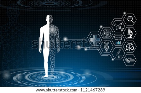 abstract background technology concept in blue light,brain and human body heal ,technology modern medical science in future and global international medical with tests analysis clone DNA human