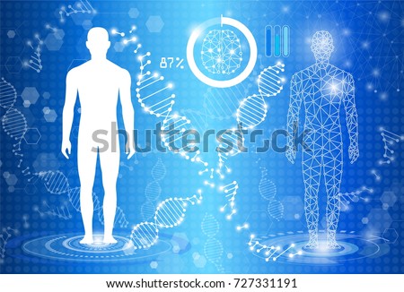 abstract background technology concept in blue light, human body heal, tests analysis clone defective DNA  human, global international medical and technology modern medical science in future