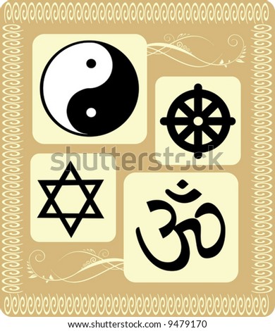 various religious symbols in floral background