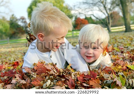 Two young children, a little boy and his baby brother are playing outside and jumping in a pile of fallen colorful leaves on an Autumn day.