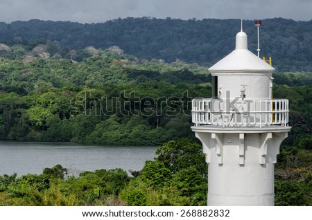 White lighthouse at the Gatun Locks, Panama Canal, Panama