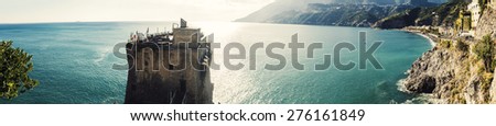 panoramic photo consisting of multiple snapshots.\
Amalfi Coast from sea, Maiori beach