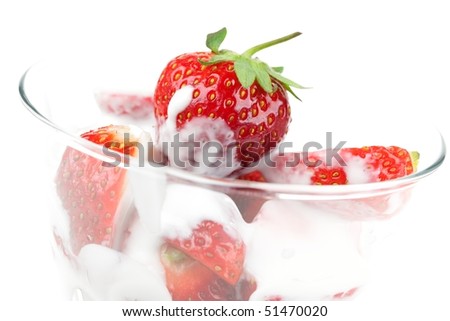 Glass of plain yogurt with fresh strawberries,Closeup.
