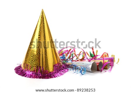 New Year\'s party hat and noisemaker with streamers