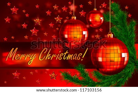 red christmas background with the words Merry Christmas greetings, decorated of green fir branch and three red christmas balls