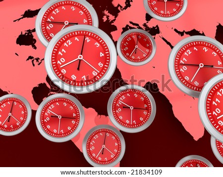 abstract 3d illustration of background with world map and clocks