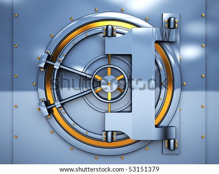 3d illustration of vaulted bank door, blue and golden metal
