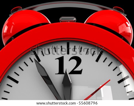 3d illustration of alarm clock dial closeup, over black background