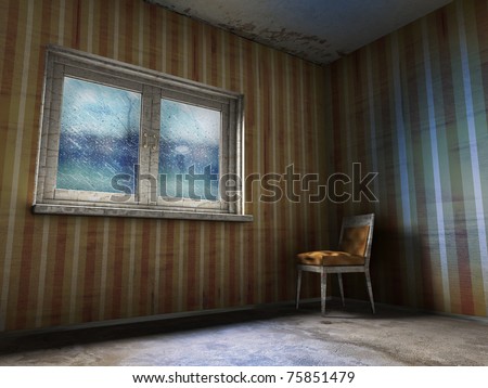 3d illustration of grunge room with rain in window