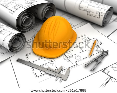 3d illustration of blueprints, drawing tools and helmet