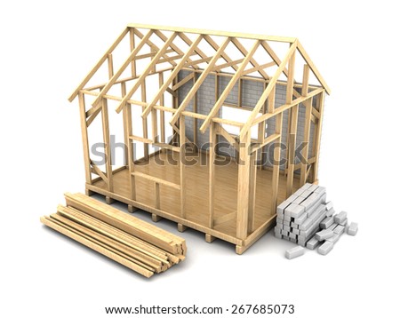 3d illustration of frame house construction with white bricks
