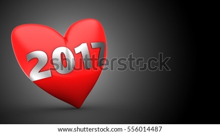 3d Illustration Of Red Heart Over Black Background With 2017 Year