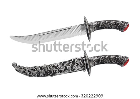 Isolated opened and closed knife with scabbard. Isolated ancient fantasy etched opened and closed knife with scabbard on white background profile view.