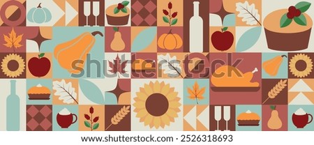 Thanksgiving day modern geometric background. Festive banner with pumpkin, rosehip, maple leaf, pie, turkey and geomertic shape. Vector illustration