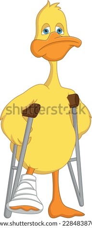 cartoon duck with broken leg and using crutches