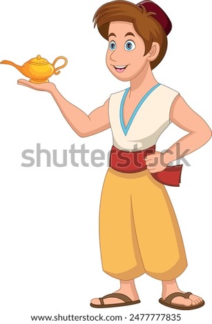 Cartoon aladdin holding magic lamp