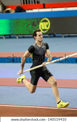 DONETSK,UKRAINE-FEB .09: Renaud; Lavillenie - The Olympic champion 2012 runs up before a jump on Samsung Pole Vault Stars meeting on February 09, 2013 in Donetsk, Ukraine.