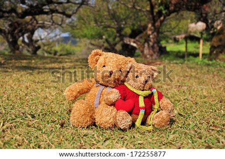 Two teddy bears sitting in the garden with love. Concept about love and relationship.
