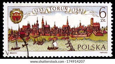 POLAND - CIRCA 1983: a stamp printed in Poland shows a panorama of Torun old city. CIRCA 1983