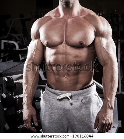 muscular body building men training at the gym