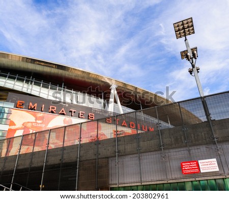 LONDON - APRIL 22ND: Front of The Emirates Stadium, Arsenal Football Club. A sign states 