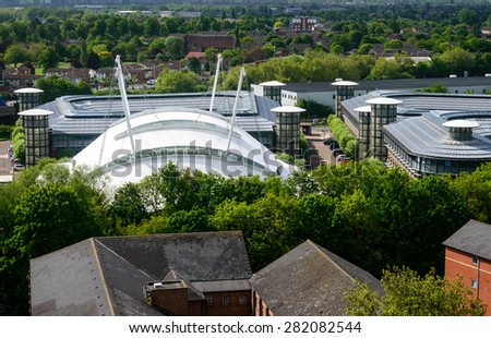 NOTTINGHAM, ENGLAND - MAY 26: Nottingham tax office from above. Main white dome structure, & buildings with cylindrical towers comprise the tax office site. In Nottingham, England. On 26th May 2015.