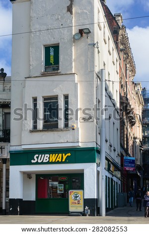 NOTTINGHAM, ENGLAND - MAY 26: A Subway sandwich fast food outlet, located on Market Street, in Nottingham, England. On 26th May 2015.