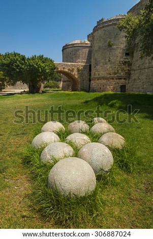 Rhodes Island, Greece. The Palace in the Medieval town came under siege in the middle-ages and multiple 300lb stones were hurled at the walls