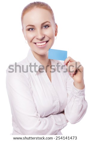 Blonde business woman manager worker smiles and shows a card. isolated on white. copy space