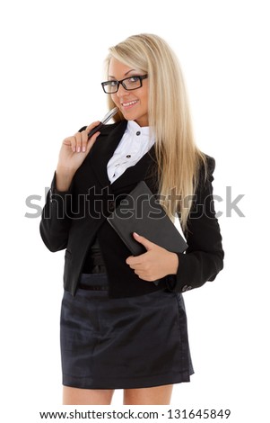 Business woman with daily log and pen stands on a white background.