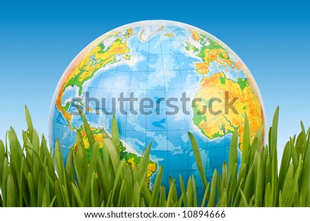 The globe in a green grass on a blue background. Clipping path included.