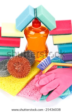 Various household washing-up liquids on a white background