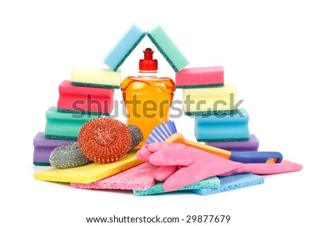 Various household washing-up liquids on a white background