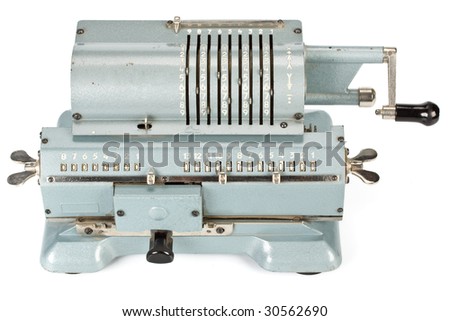 Vintage mechanical adding machine on a white background