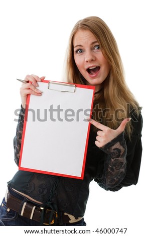 The beautiful girl stands with a clipboard and the pen in hands on a white background.
