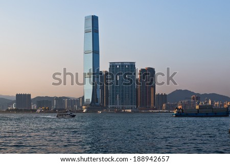 HONG KONG, CHINA-June 19: A view of the ICC (International Commerce Centre) in West Kowloon and some of the surrounding area on June, 19 2013 Hong Kong, China