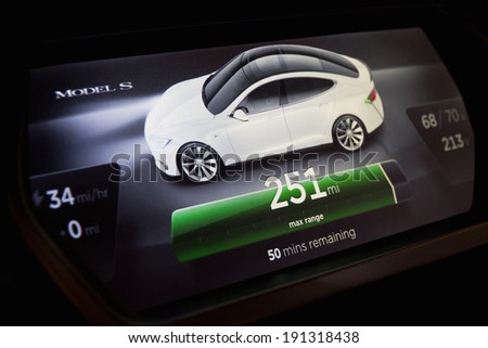 Hong Kong, China Feb 6, 2013 : Tesla Model S Electronic Car dashboard on Feb 6 2013 in Hong Kong.