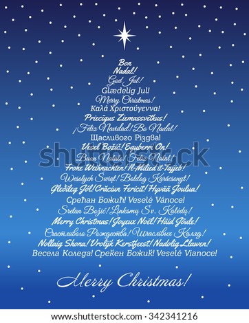 Greeting card with Christmas tree consisting of the phrases 