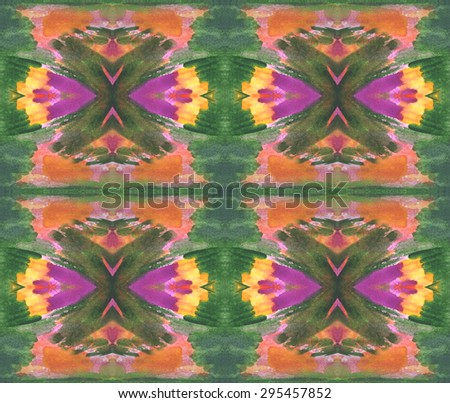 A green, orange,violet and yellow bright seamless watercolor abstract tribal pattern
