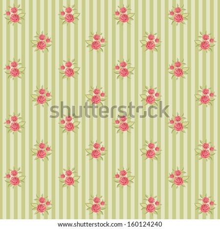Vintage floral pattern with roses in shabby chic style on striped background