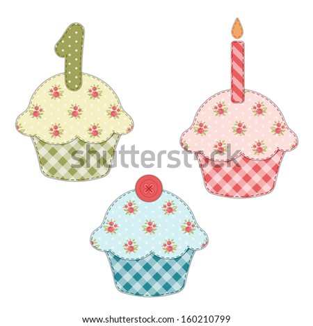 Set of cupcakes as textile applique with roses in shabby chic style isolated on white background